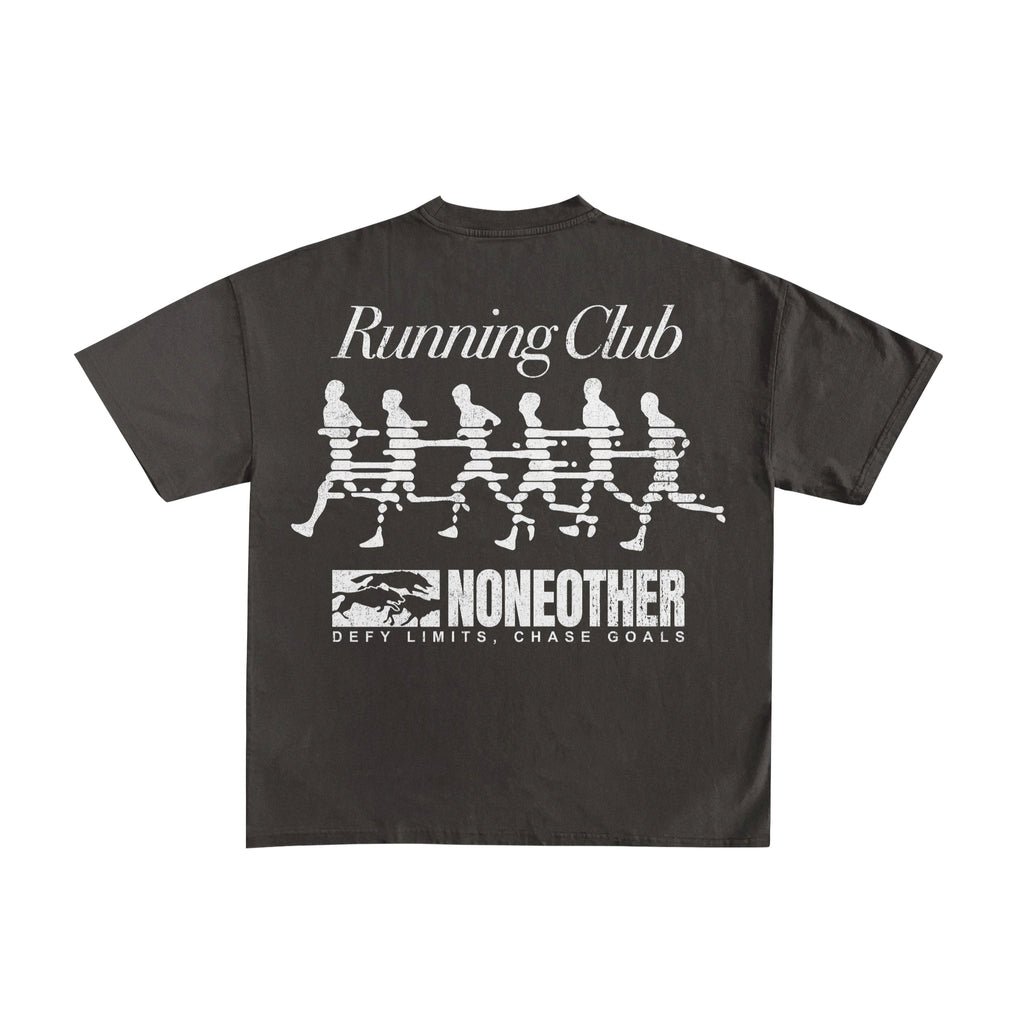 Black crew neck t-shirt with a graphic print of a group of runners and the text 'Running Club' above them, along with the brand name 'NONEOTHER'.
