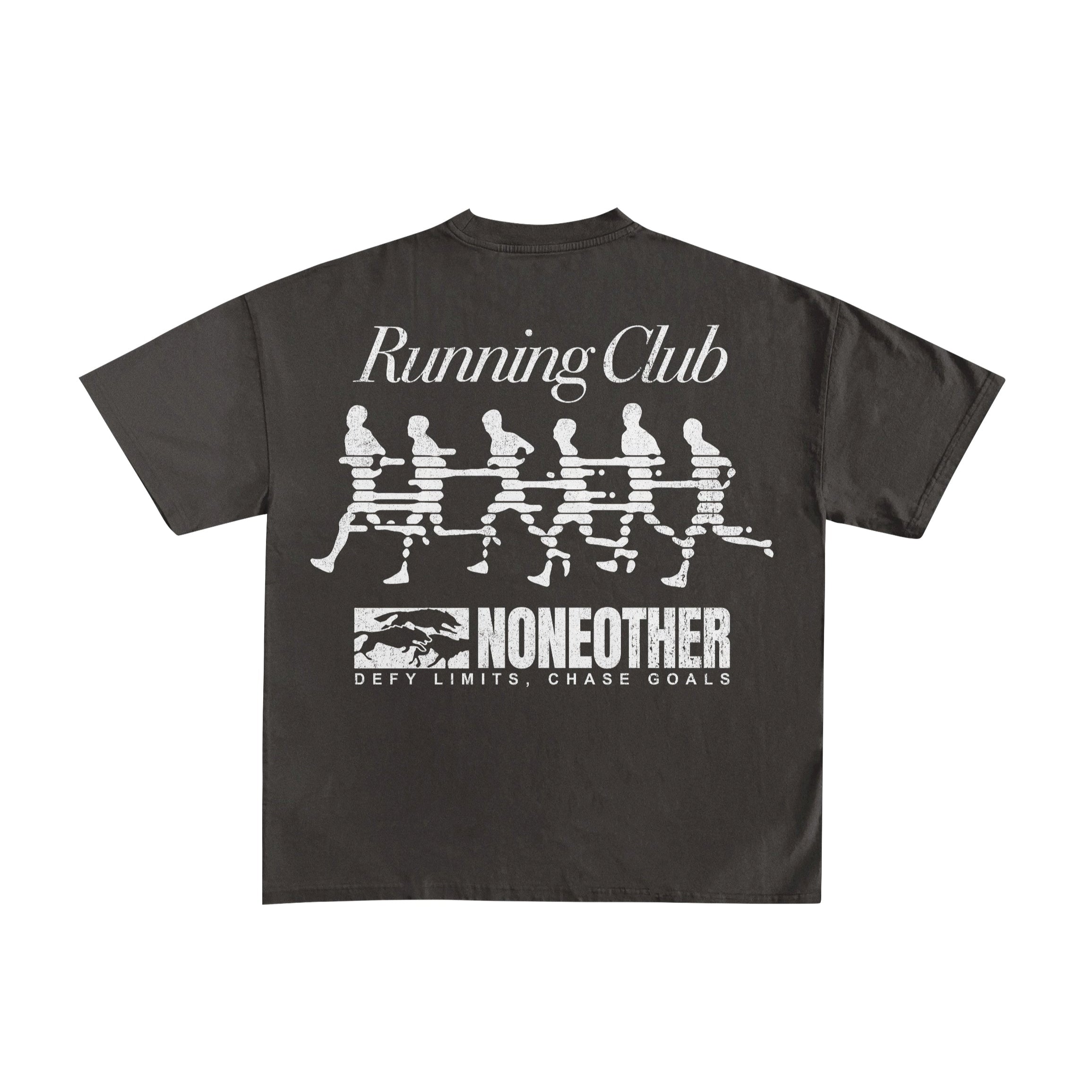 Black crew neck t-shirt with a graphic print of a group of runners and the text 'Running Club' above them, along with the brand name 'NONEOTHER'.