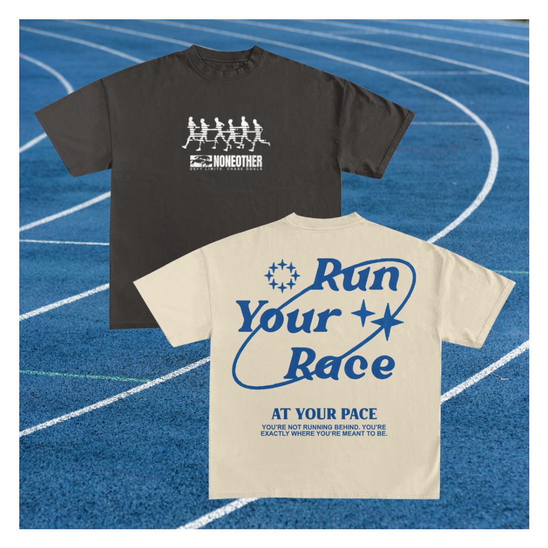 Two t-shirts with 'None other' branding on a blue track background